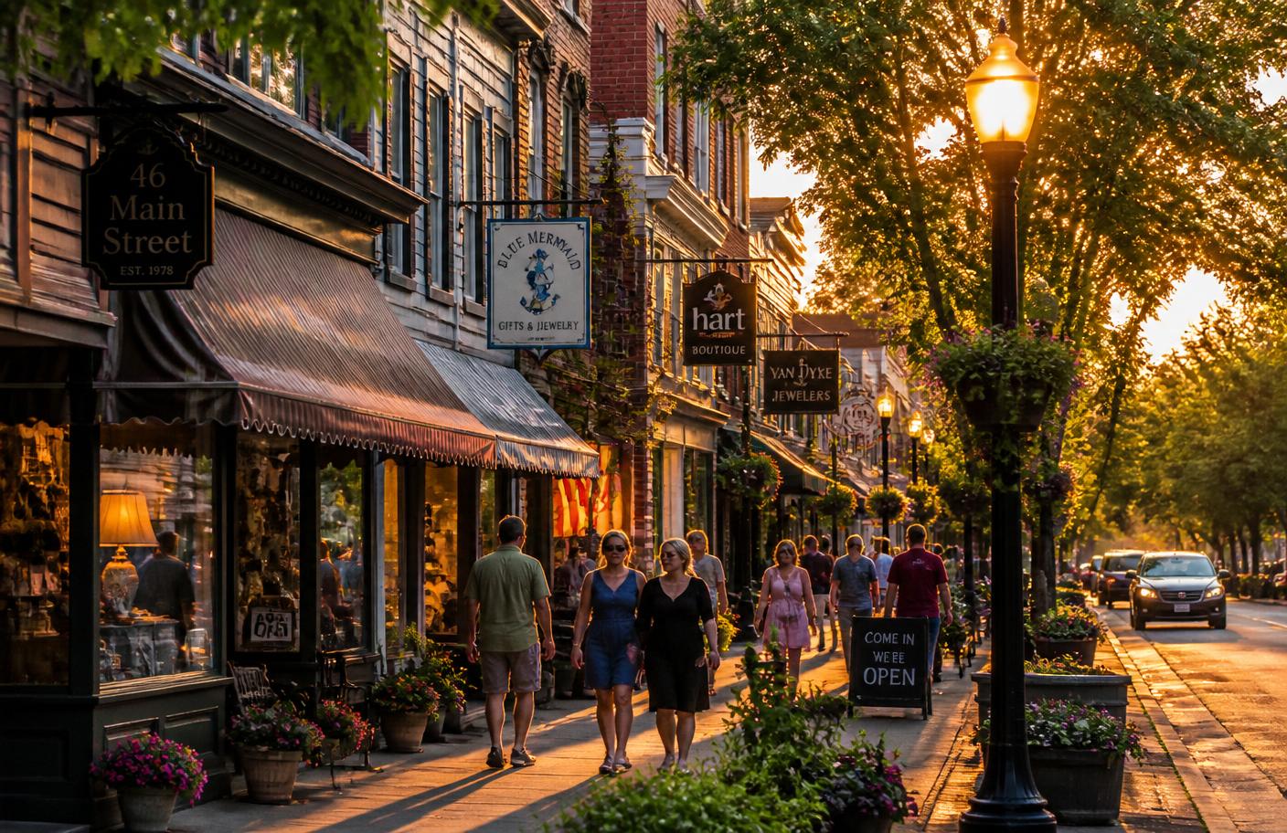 A charming small-town main street at golden hour